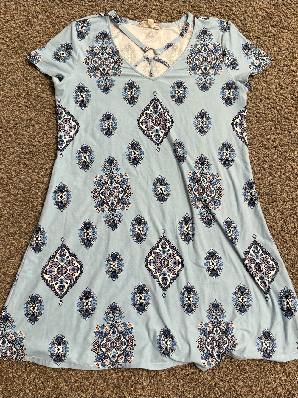 Pink Rose Light Blue Printed Mini Dress with Navy and White Medallions